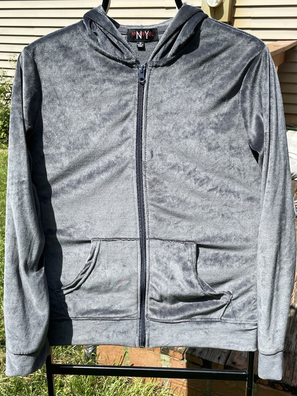 NY Apparel Velour Zip Up Hoodie Jacket Medium Grey Soft Velvet Y2K Lounge